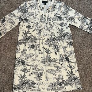 Tahari Black and Ivory Toile Tropical Print Boho Dress Pockets Linen Blend M